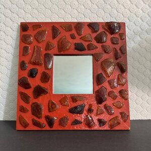 Handmade Recycled Glass on Red Border Decorative Mirror 10" x 10" New-Never Used